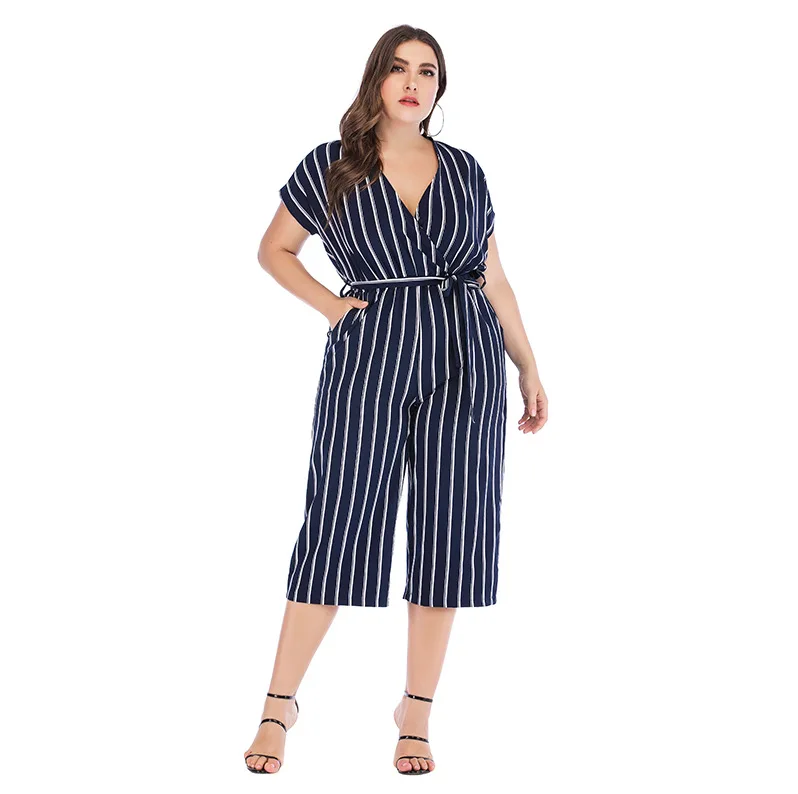 Overalls Jumpsuit Bodysuit Women Short sleeve V-neck striped Cross-border large size tie casual jumpsuit combinaison femme