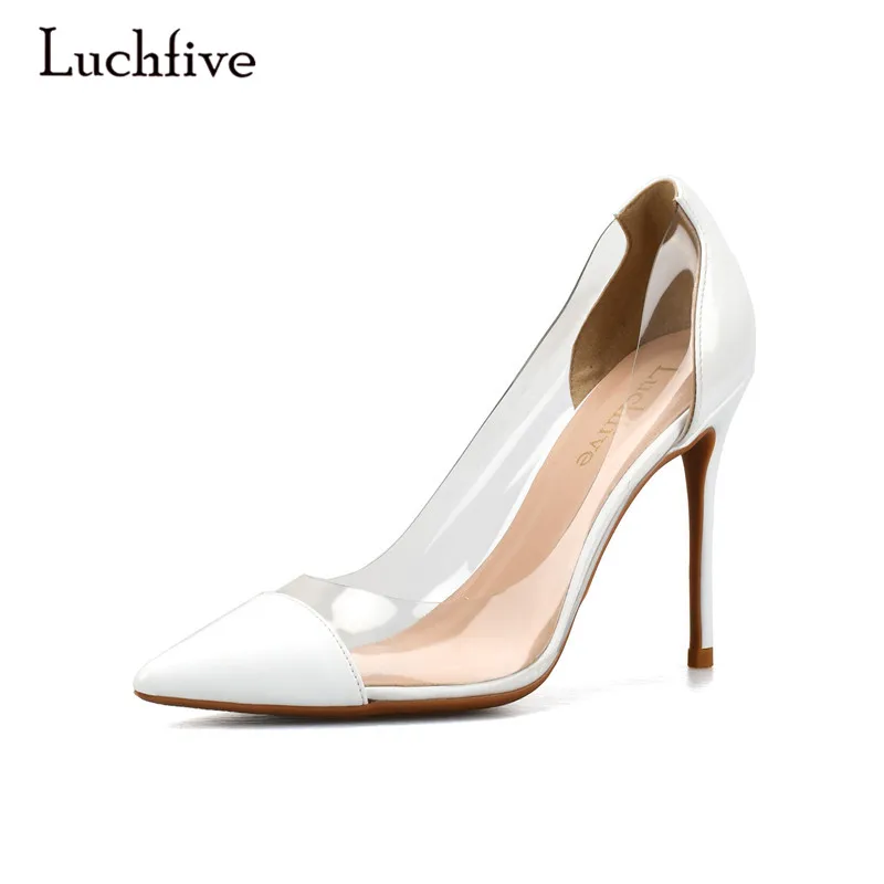 

Luchfive Elegent sexy shoes women transparent PVC slip on pointed toe 10cm 8cm 6 cm thin high heels pumps zapatos mujer