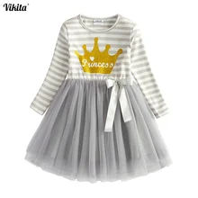 VIKITA платье принцессы для девочек Детская День рождения письмо платье с принтом Детские Корона осень-зима платья с длинным рукавом LH4563