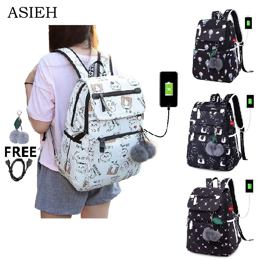 Girl fashion school bags waterproof nylon USB jack laptop shockproof