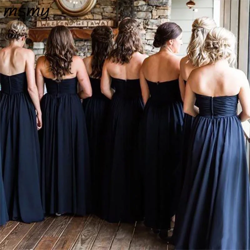 Удивительные темно-синий шифоновые платья подружек невесты для летний Западный свадеб Линия платье невесты с открытыми плечами и вырезом
