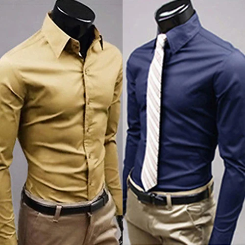 2017 الرجال الموضة الجديدة عارضة صلبة لون الحلوى طويلة الأكمام سليم صالح اللباس قميص أعلى