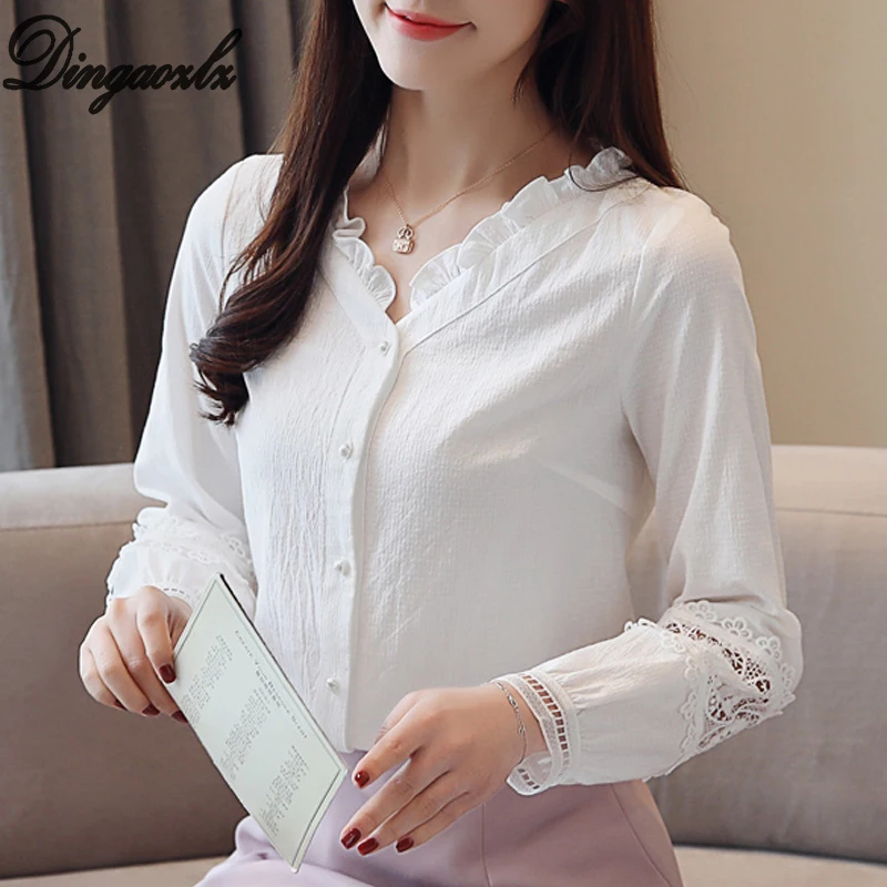 Dingaozlz Fashion V neck White Shirt Korean Women clothing