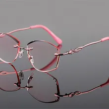 Женская элегантная мода без оправы сплав Роскошные Алмазные обрезки оптический розовый рецепт линзы очки для чтения ZJH7030