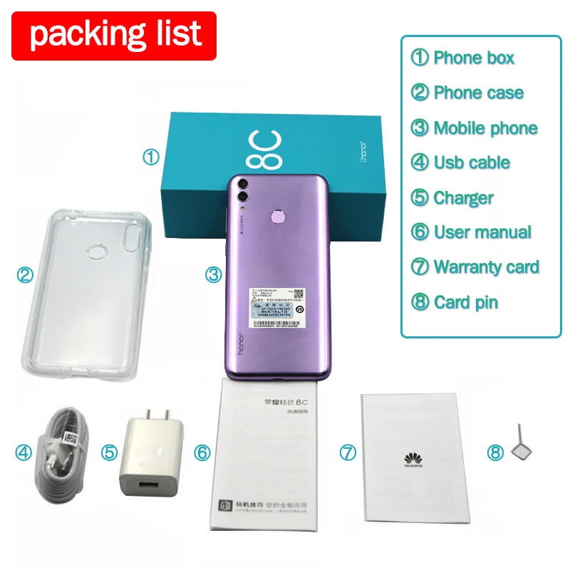 Дешево Оригинал honor 8C 6.26in распознавание лица Snapdragon 632 Восьмиядерный фронтальный 8.0MP двойная задняя камера 4000 мАч 3 слота дл