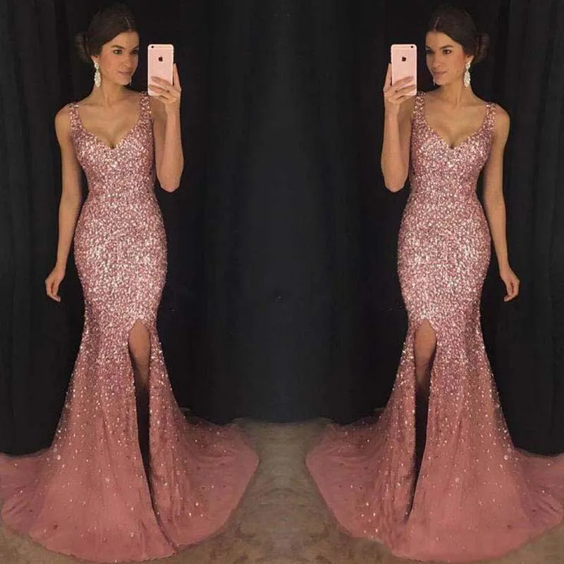 

U-SWEAR New Pattern Sexy Deep V Neck Full Dress Pink Sequins Mesh Long Dresses Evening Gowons Women Vestidos