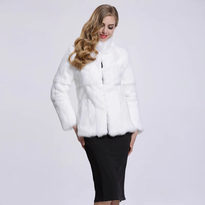 Женская куртка с кроличьим мехом, пальто с натуральным кроличьим мехом, модная верхняя одежда из натуральной кожи, воротник-стойка, натуральный мех - Цвет: white