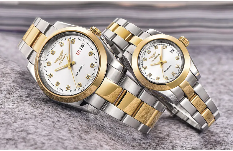 GUANQIN Gold Couple Watch Men Women Mechanical Watch Luminous Calendar Week Waterproof Rhinestones Automatic Lovers Watches (12)