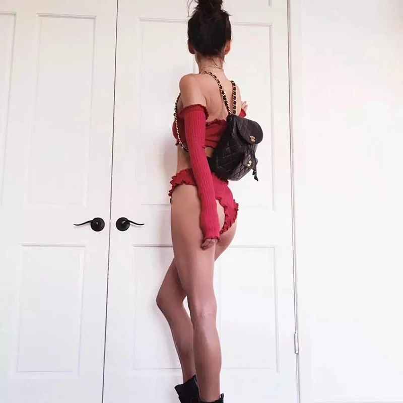 Two-Piece Solid Off Shoulder Long Sleeves Bikini Young Girls Ruffled Low Waist Sexy Swimwear Bikini Beachwear Bathing Suit  (8)
