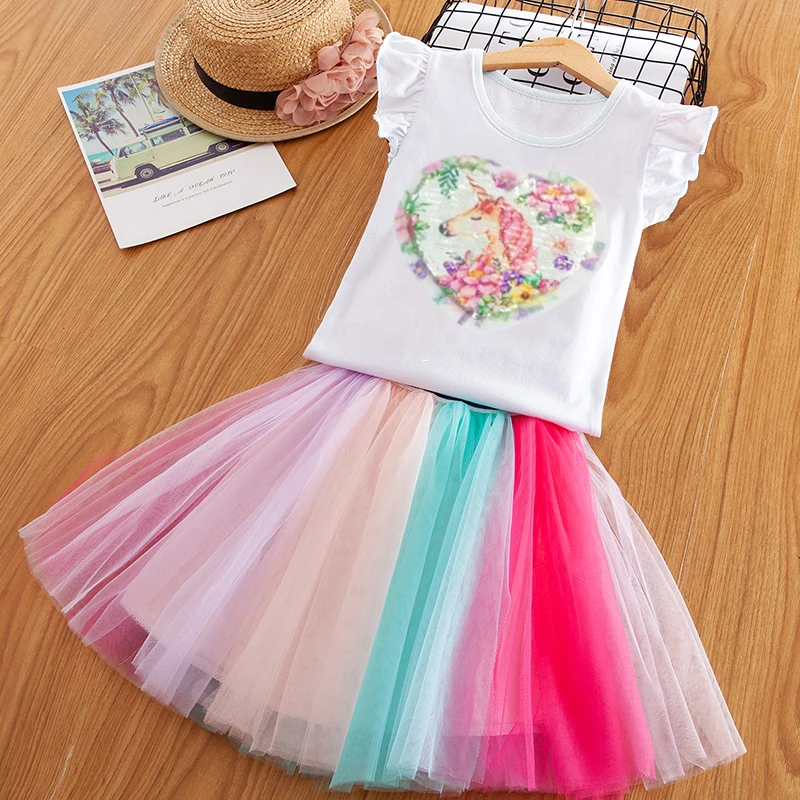 

Summer Girls Clothes Sets Unicorn Dress Outfits Baby Girl Short Sleeve Shirt Top+Skirt Suits Kids Clothing Children's Sets 2-8T