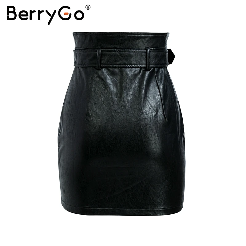 Женская юбка карандаш из искусственной кожи BerryGo черная мини на молнии с поясом и