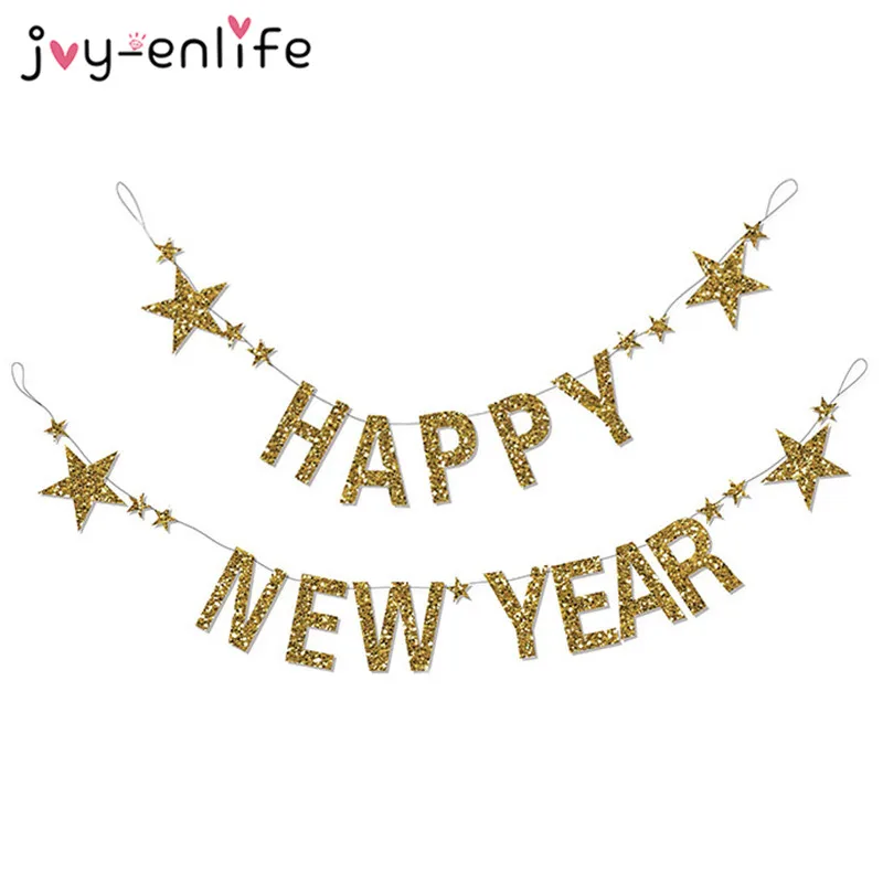 

1set Gold Glitter Happy New Years Banner Garland 2019 Christmas Party Decoration Photo Prop Backdrop Decorations Supplies