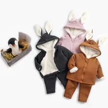2018 Winter Infant Baby boys girls Clothing set Children outfit 2pcs Bunny Ear Fleece Hooded Coat +Pants Kids Thick warm Suit autumn winter kids boys clothing set hooded letter printed thick fleece red black hoodies and pants children christmas clothes