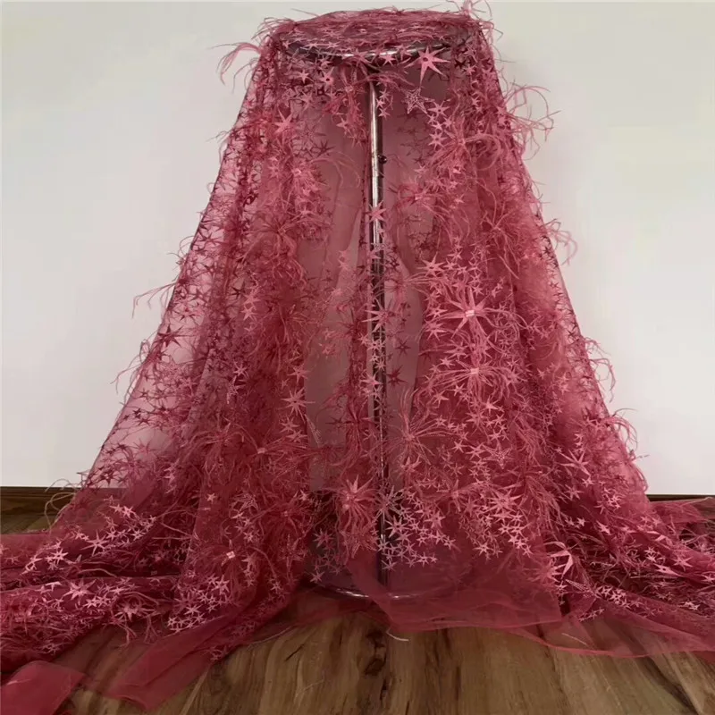 

New French Lace Fabric 2019 Nigerian Lace Fabric Wedding 3D Lace Fabrics With Feather High Quality Party Evening Dress RF105