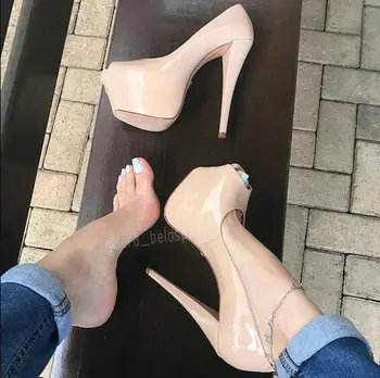 

Nude Patent Leather Ultra High Heel Shoes 16cm Woman Wedding Shoes Platform Stiletto Heels Open Toe Pumps Women Shoes Plus Size