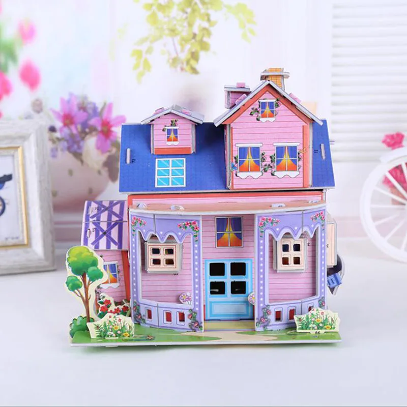 

Paper Material 3D Puzzle 3D Construction Pink Villa House Puzzle Toy Baby Gift Girls Educational Toy Home Desk Decoration