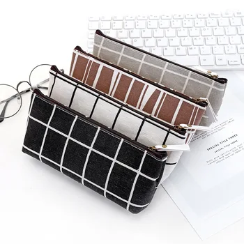 

1 pc Canvas Pencil Case school Pencil Bag Simple Striped grid pencil case Office Supplies Pen bag Students stationery