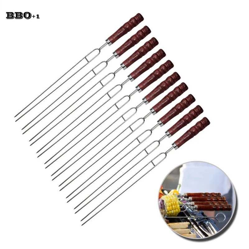 10pcs Row U BBQ roast barbecue High stainless steel needle and wooden handle Skewers for Camping and Kitchen Dining Tools