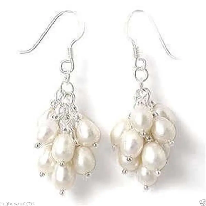 

00 FREE SHIPPING dWhite Akoya Cultured Pearl Grape Dangle Earring Silver Hook AAA