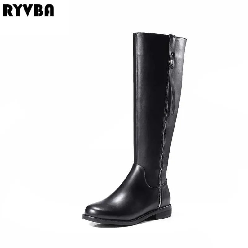 

RYVBA women knee high boots woman autumn winter thigh high boots womens genuine leather boots ladies 2018 black roud toe shoes