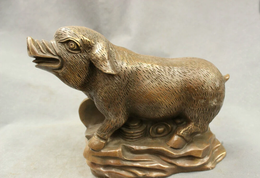 

9 Folk Chinese Bronze Copper FengShui YuanBao Year Zodiac Fu Pig On Hill Statue