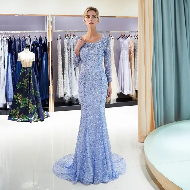 High quality beaded evening Dresses long 2018 mermaid open back evening party dresses hijab Prom gown tulle formal Gown Vestido