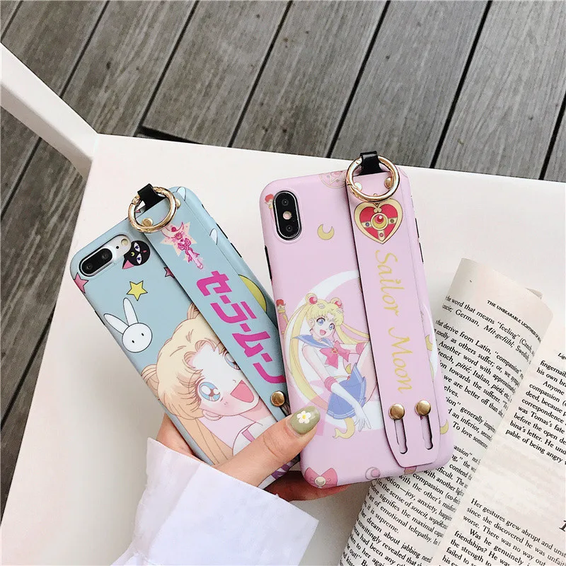 Sailor Moon Wrist Strap 6 s case phone for iphone 7 8 6s plus fundas xs max xr scrub silicon soft girls wristband holder cover |