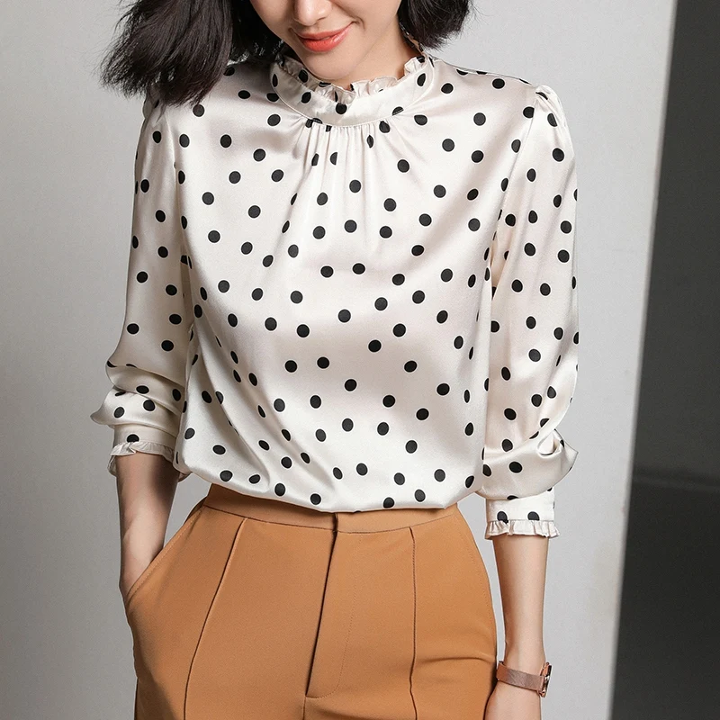 

100% Mulberry Silk Crepe Women Shirt Pure Natural Silk Fabric 2019 New Arrival Office Lady Long Sleeve Polka Dot Printed Shirts