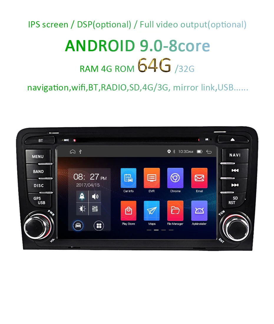 Excellent DSP IPS Android 9.0 4G 64G 2 DIN CAR DVD GPS For Audi A3 8P 2003-2012 S3 2006-2012 RS3 Sportback 2011 multimedia player 2