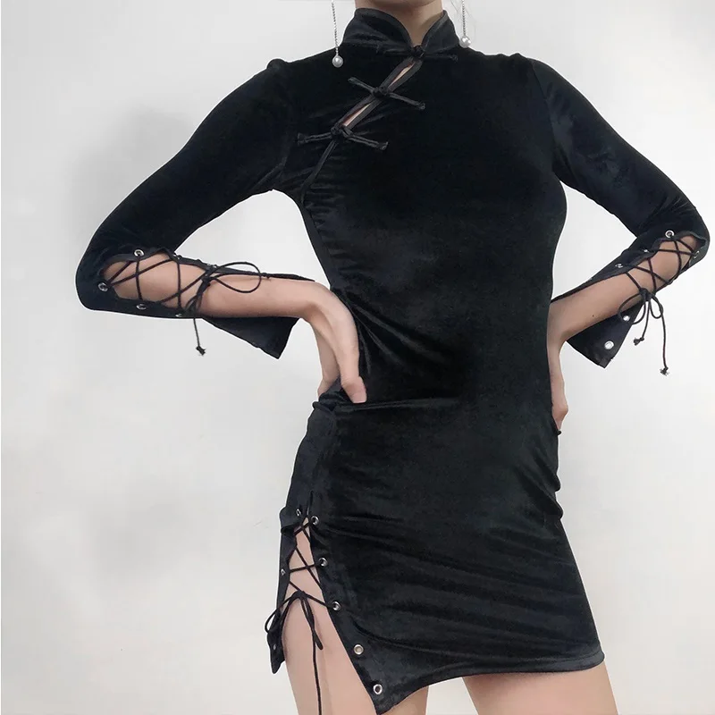 Черное Бархатное облегающее платье Ципао для женщин, сексуальные китайские платья для женщин, Мини платье для вечеринок TA1333