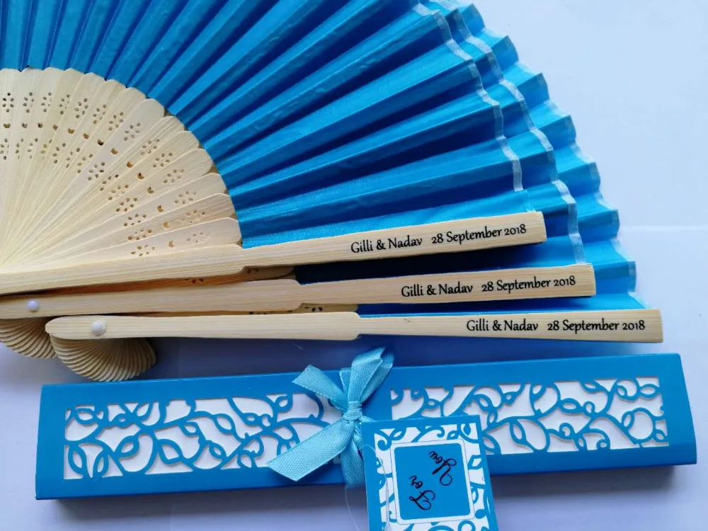 

35 pcs Personalized Engraved Luxurious Silk Fold hand Fan in Elegant Laser-Cut Gift Box +Party Favors/wedding Gifts+printing