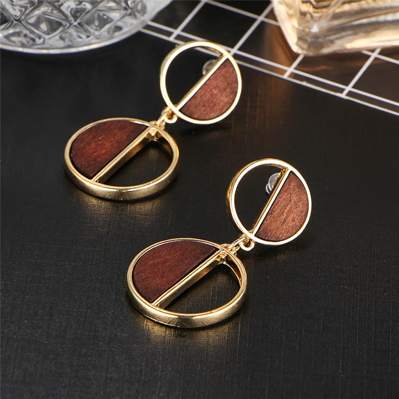 

2019 New Drop Earrings For Women Fashion Round Shape Wood Dangle Earring For Female Luxury Big Chain Earrings Gift Jewelry