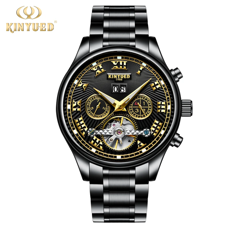 KINYUED Automatic Mechanical Watches Men Top Brand Luxury Tourbillon Stainless Steel Waterproof Man Watch Reloj Hombre