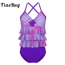 Tiaoamazing/детский танкини для подростков, Русалочка, чешуя, принт морской звезды, купальник-бикини для девушек, купальный костюм, комплект с оборками, топы, шорты, комплект бикини