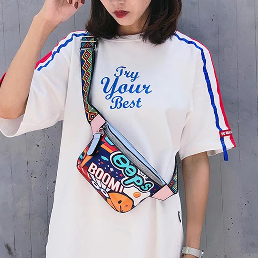 

Casual Women Waist Bag Graffiti Chest Packs Pouch Zipper Bicycle Belt Bag Packet Shoulder Messenger Mini bags
