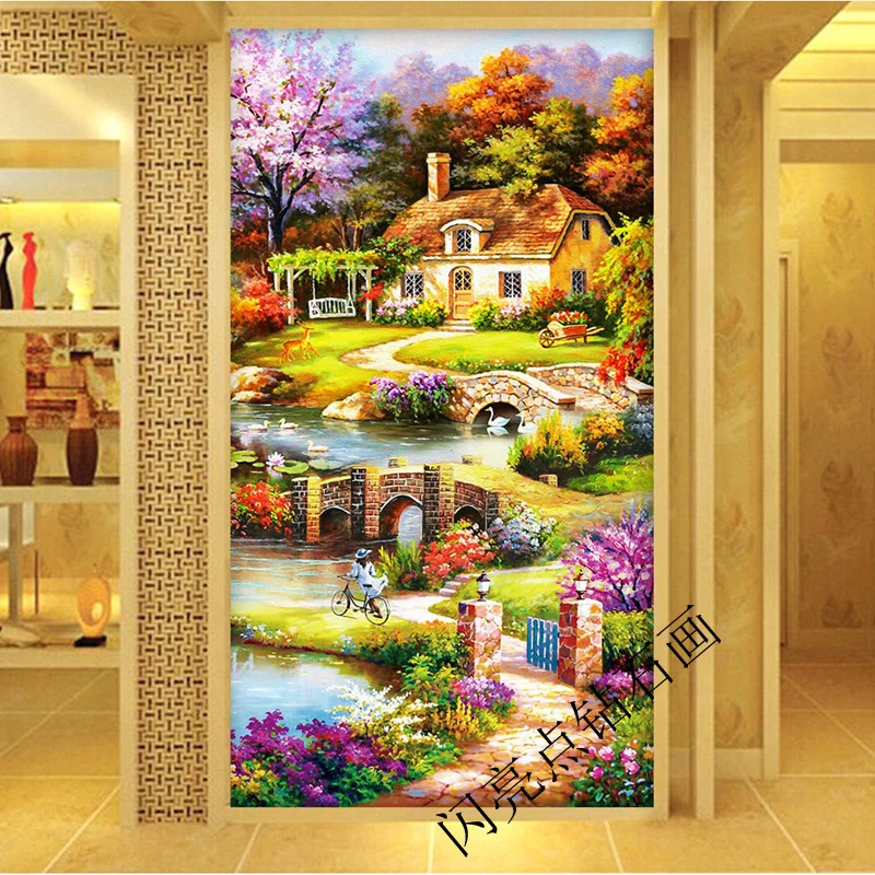 

Modern European-style Oil Painting Pattern Full Diamond Embroidery Landscape Hut Version Vertical Living Room Porch Wall Decor
