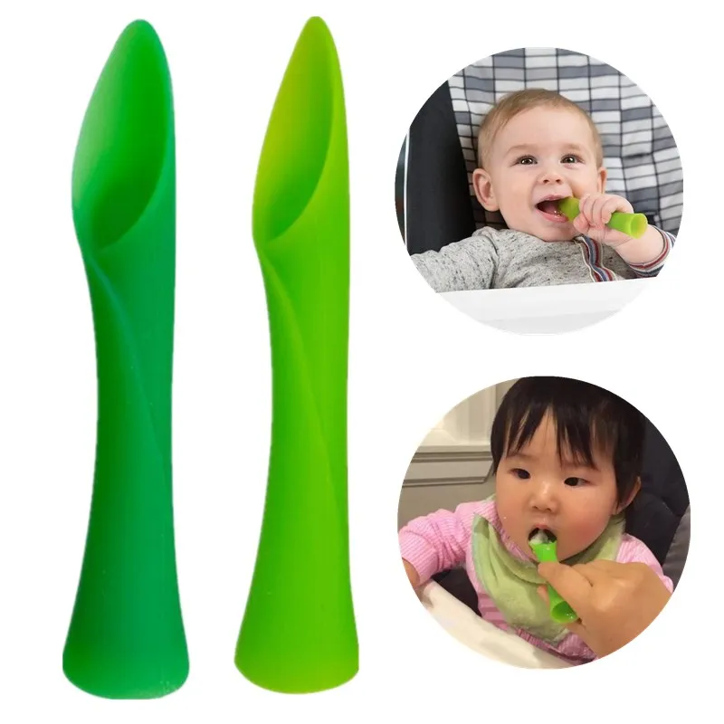 2 Pcs Baby Silicone Training Spoon Bamboo Leaves Shape Safety Feeding