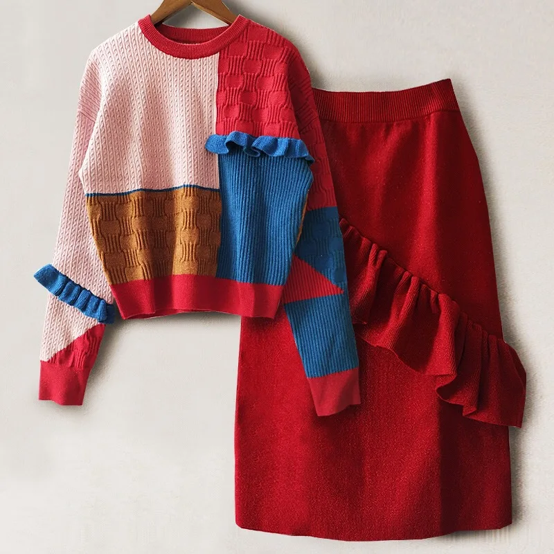Piqué Jupe Femmes rouge Supérieure Elastique Taille Hiver Chandail Ensembles Laine Nouveau Couture Costume Volants Kaki 2018 Couleur Qualité Bloc De Tricotée RZvPP