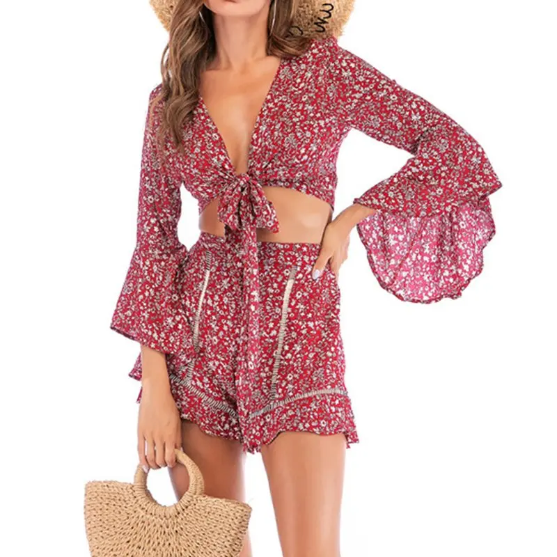 

Summer Sexy Travel Beach Elegant Sweet Women Two Piece Sets Clothes 2019 Chiffon Blouses Floral Shorts Lace Up Plus Size Suits