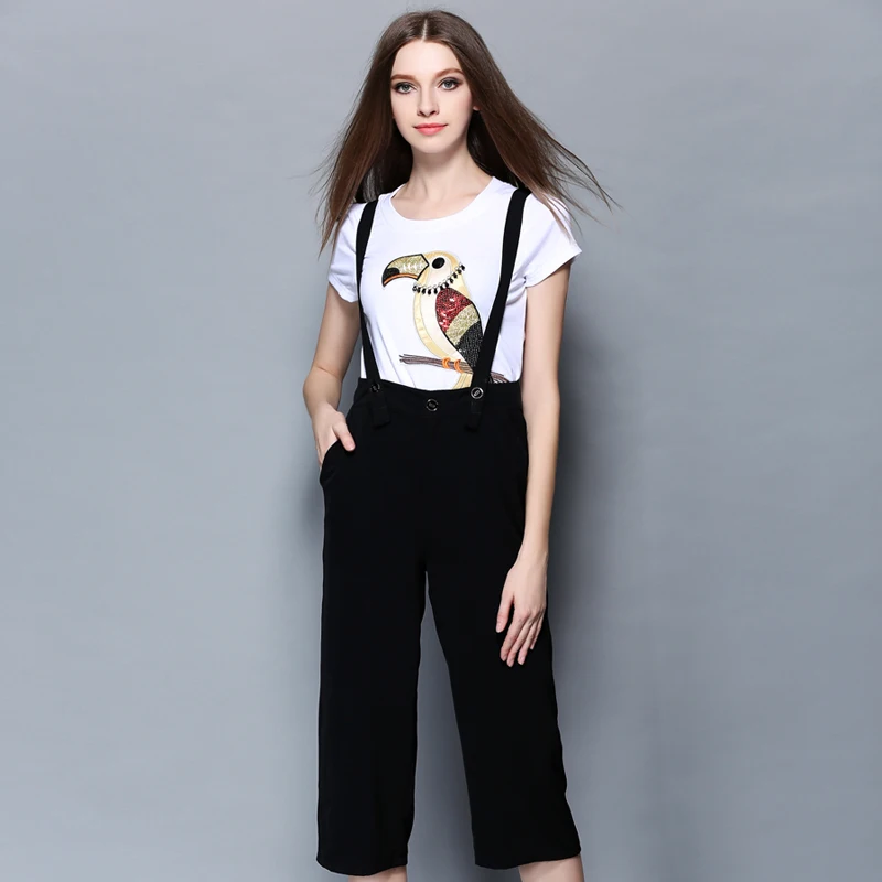 2016 summer brid design T shirt+black suspender seven pants two piece