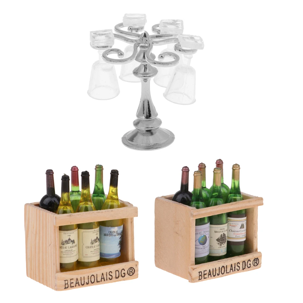 1:12 Dolls House Miniature Metal Silver Cup Rack With Goblets & Beer Drink Bottles Models For Mini Bar Pub Life Scene Ornament