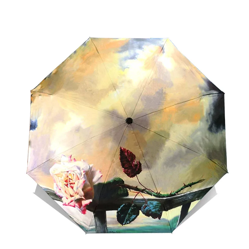 LIKE RAIN Folding Umbrella Female Van Gogh Painting Chinese Art Sakura Umbrellas Rain Women Windproof Anti-UV Sun Parasol