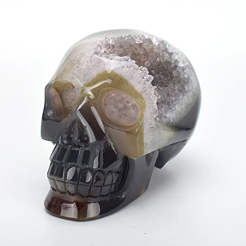 

4.7 '' Realistic Energy Quartz Crystal Skull Statue Craft Carved Natural Agate Geode Healing Crystal Skull Sculpture Home Decor