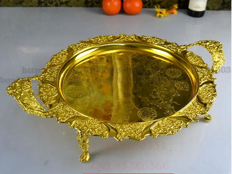 42cm round gold red embossed metal serving tray storage tray with