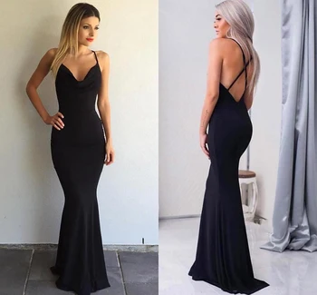 

Black V-neck Mermaid Bridesmaid Dresses 2018 Sexy Backless Spaghetti Straps Floor Length Party Gowns Robe De Soiree Prom Dress