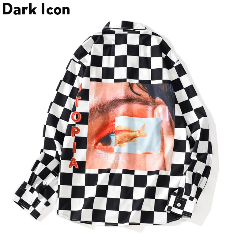 Kopen Dark Icoon Interessante Print Plaid Mannen Shirts 2019 Herfst Oversized Lange Mouwen Geruite Shirts Streetwear Hipster Shirts