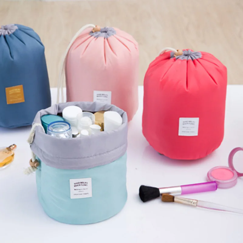 

Fashion Barrel Shaped Travel Cosmetic Bag Make up Bag Drawstring Elegant Drum Wash Kit Bags Makeup Organizer Storage Bag