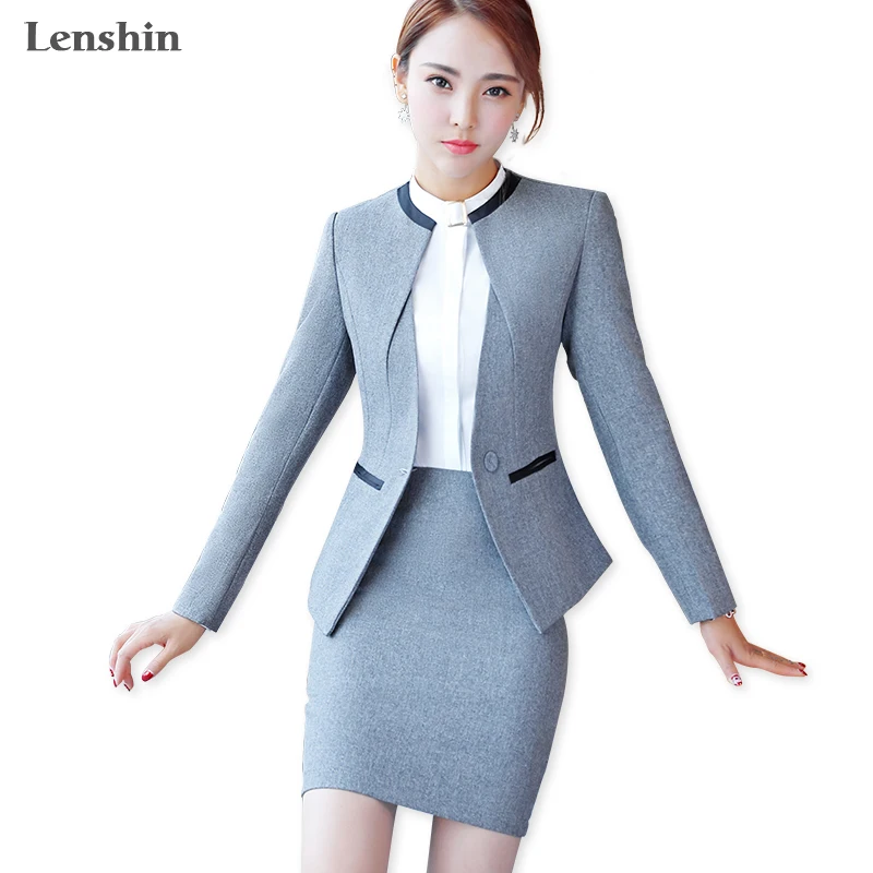Lenshin 3 Piece Set with Pocket Formal Skirt Suit Office Lady Uniform