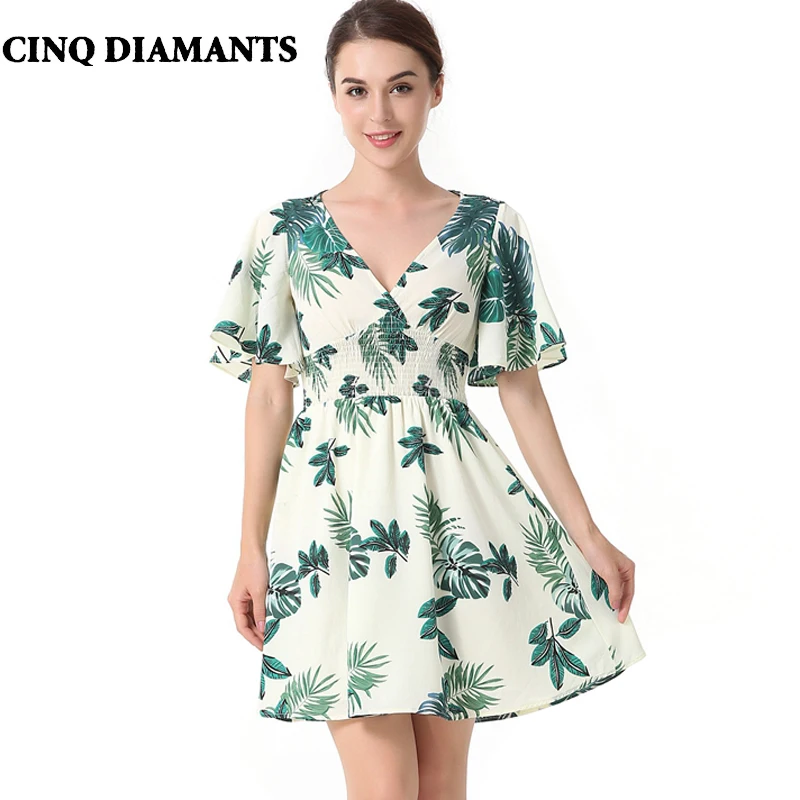 CINQ DIAMANTS Boho Green Swing Dress Seaside Holiday Dress Casual Beach