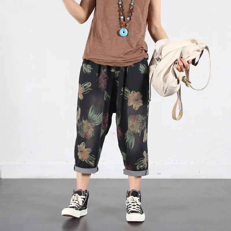 

Women print Vintage casual Jeans pants Denim Harem pants Spring new large size Female elastic waist loose jeans harem pants